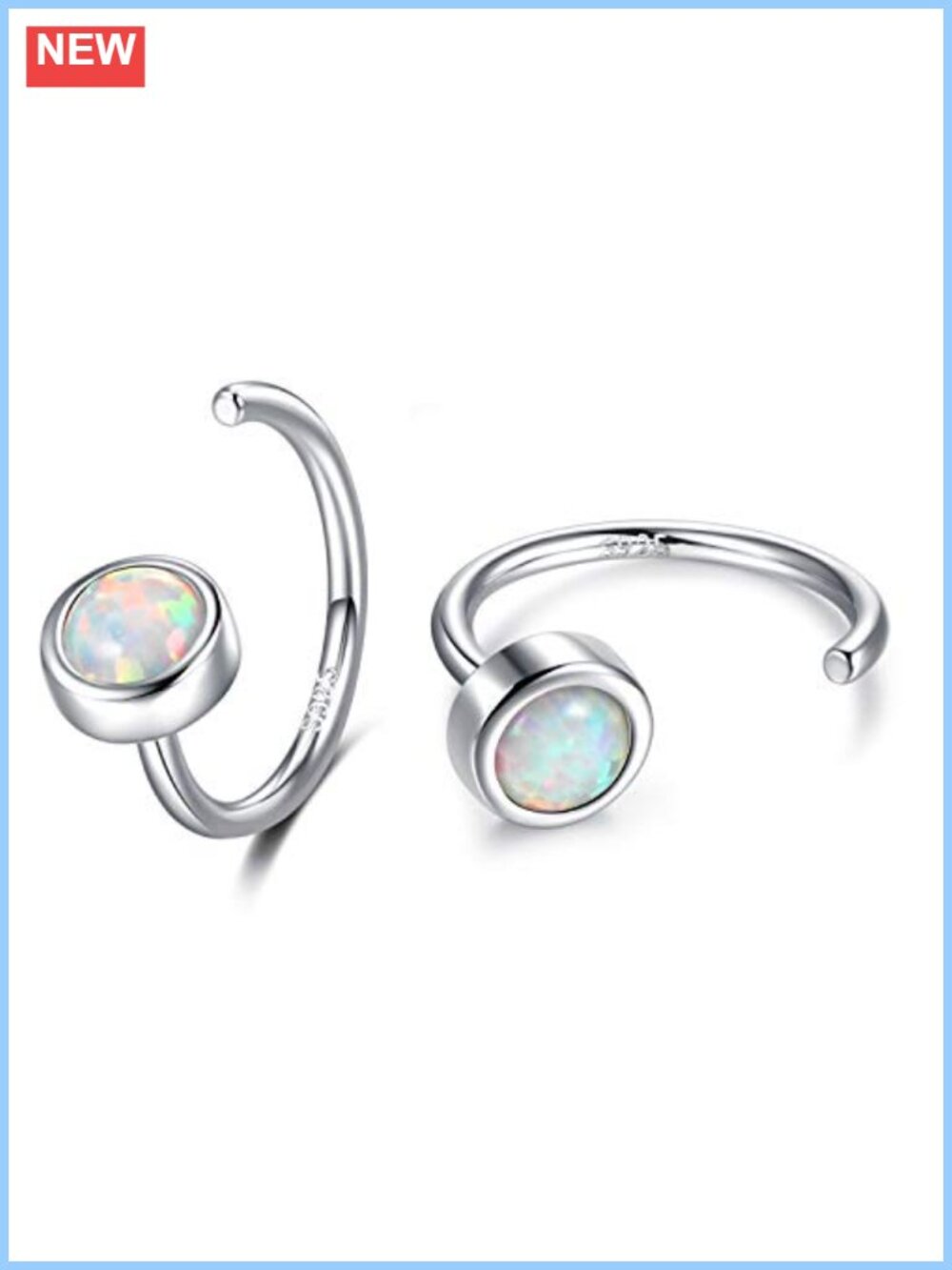 925 Sterling Silver Half Hoop Earrings Huggie Hoops Synthetic Opal Bezel Hinged